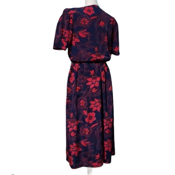 Vintage Secretary Geek Floral Navy Cherry Red Dress White Laced Collar Medium - Picture 8 of 12